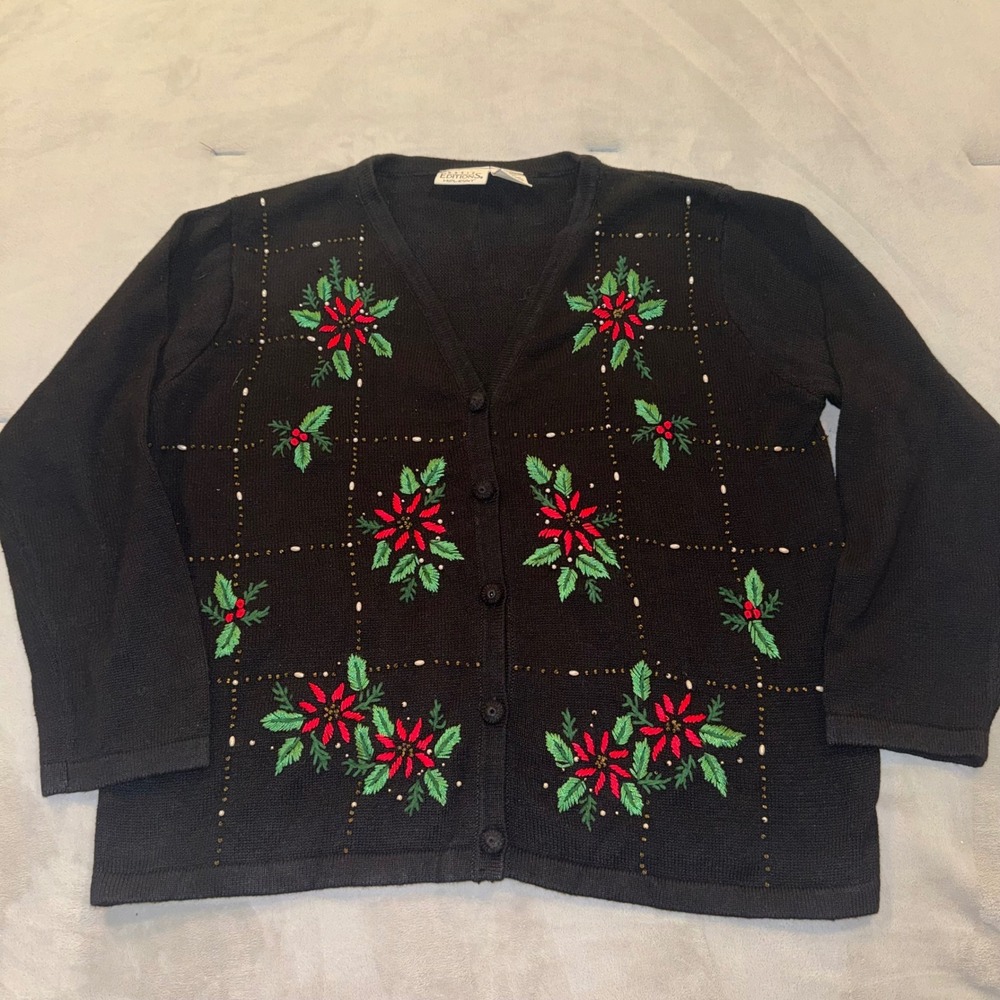 Vintage Basic Editions Holiday Poinsettia Cardigan Sweater Black XL 321928